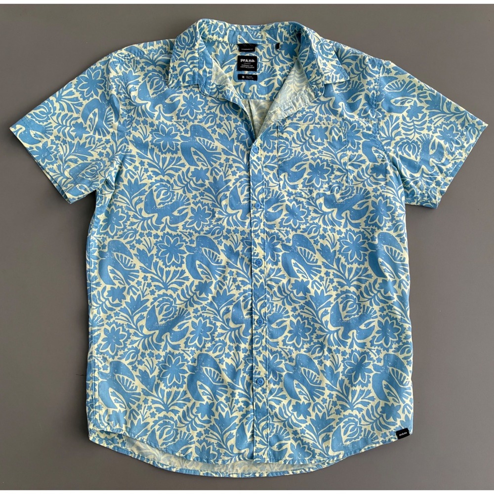 Prana Mens Short Sleeve Organic Cotton Button Down Shirt Blue Floral Print M